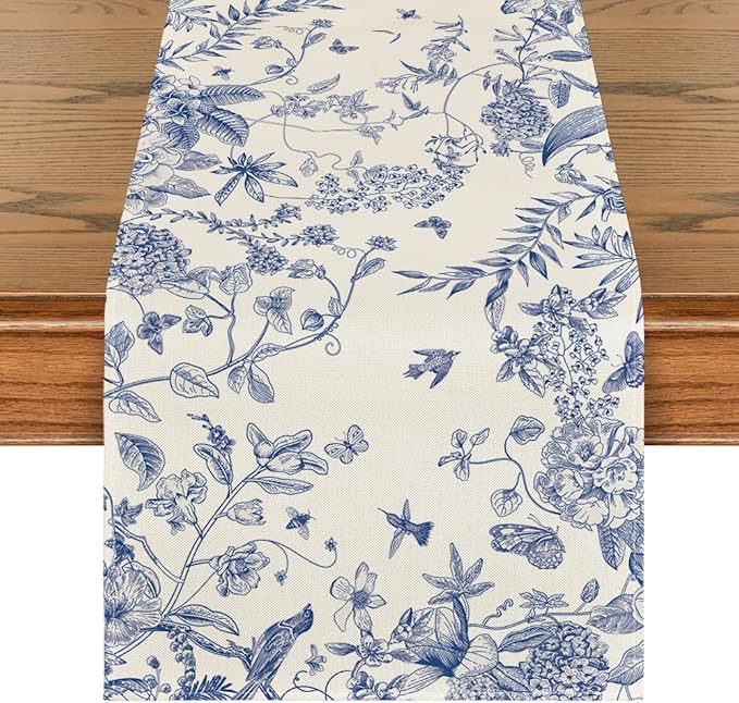 Artoid Mode Monochrome Sketch Birds and Flowers Spring Table Runner, Seasonal Summer Fall Kitchen Dining Table Decoration for Home Party Decor 13x108 Inch