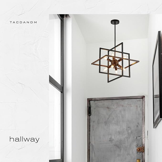8-Light Wood Grain and Vintage Black Sputnik Chandelier, 18.9'' Industrial Pendant Lighting Fixture for Dining Room