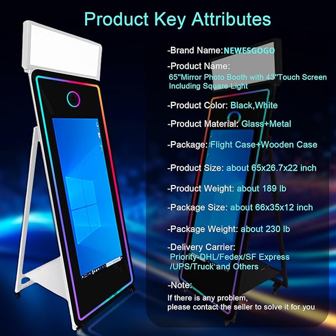 65''Magic Mirror Photo Booth Machine,Mirror Photo Booth 43''Touch Screen,Photo Booth with Flight Case,App Control,RGB Light for Wedding Party Events (White, Machine)