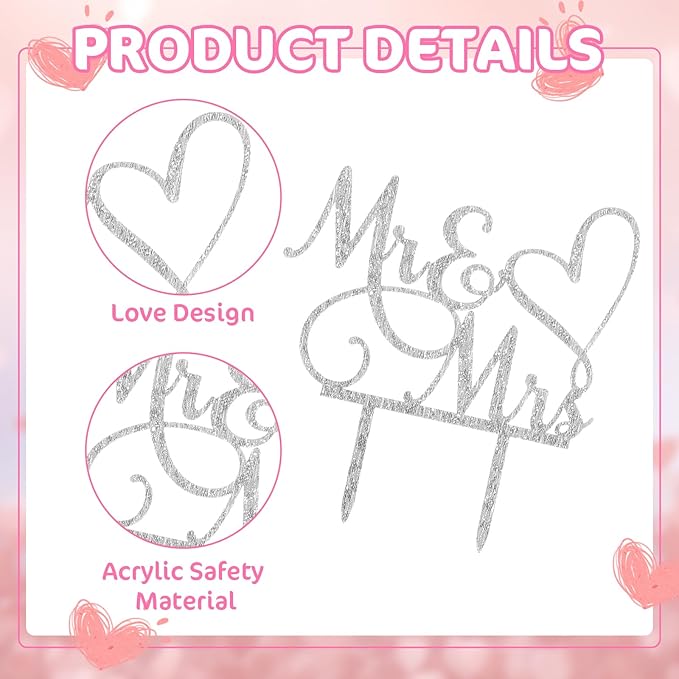 Mr and Mrs Cake Topper, Wedding Cake Toppers Bride and Groom, Wedding Cakes Decorations, Gold Acrylic Topper for Weding, Engagement, Anniversary (Silver)