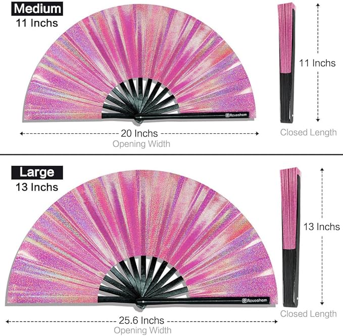 Large Rave Fan, Clack Folding Hand Fan with Premium Fabric, Thick Bamboo Frame for Men Women Gift for EDM, Festival, Club, Party, Dance, Decoration (Lridescent Pink, 13")