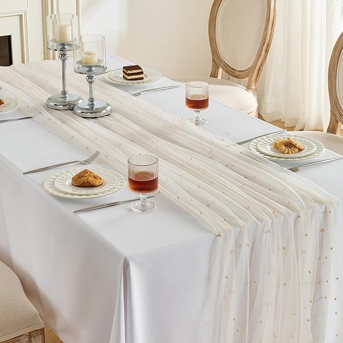 Fanami 3 Pack Pearl Table Runner -10FT Champagne Gold Boho Tulle Table Runners 120 Inches Long Rustic Sheer Lace Fabric Centerpieces for Wedding Arch Birthday Party Bridal Veil Baby Shower Decorations
