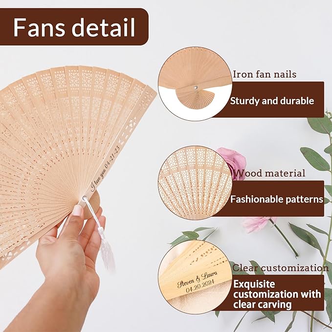 50Pcs Personalized Folding Hand Fans Custom Engraved Summer Wedding Fans,Personalized Wooden Fan Party Favor Bridal Shower Gifts for Guests