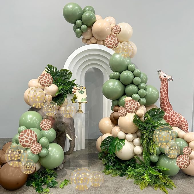 Green and Brown Balloons, 12 Inchs Sage Green Deer Print Gold Confetti Balloons for Kids Woodland Baby Shower Decorations Safari Jungle Dinosaur Theme Birthday Party Wedding Grauation Supplies