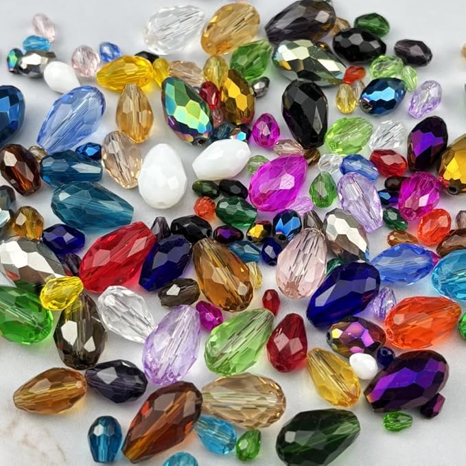 130pcs 6x8mm Teardrop Crystal Glass Beads for Jewelry Making, Faceted Vertical Hole Teardrop Glass Spacer Beads for Wind Chimes Bracelet Earring Necklace DIY Craft(Gray)