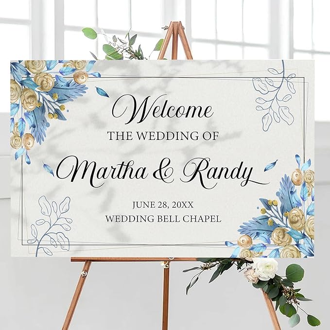Editable Watercolor Wedding Welcome Sign, Boho Floral Template, Printable Blue Ceremony Decor, Minimalist Reception Signage