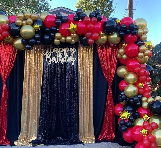 Sequin Backdrop Curtain 4 Panels 2FTx8FT Glitter Background Drapes Sparkle Photography Backdrop for Party Wedding Birthday Wall Decoration (Red× 2 and Gold×2)