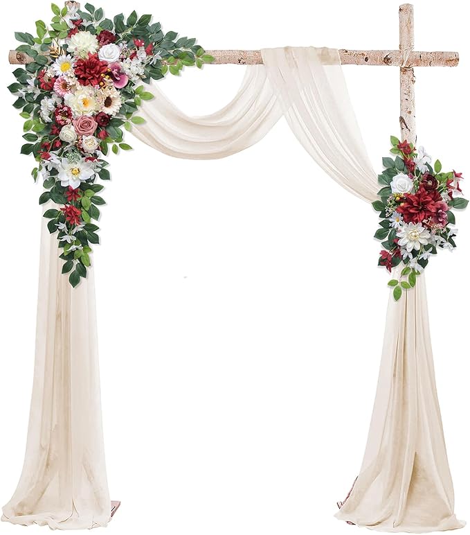 Wedding Arch Flowers Kit,Artificial Flower Arch Decor (Set of 3),2pcs Artificial Flower Arrangement with 1pc Sheer Drape for Wedding Decor Reception Backdrop Floral Decorations (Wine Red)