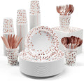 White and Rose Gold Party Supplies - 350 PCS Disposable Dinnerware Set - White Paper Plates Napkins Cups, Gold Plastic Forks Knives Spoon for Graduation, Birthday, Cocktail Party