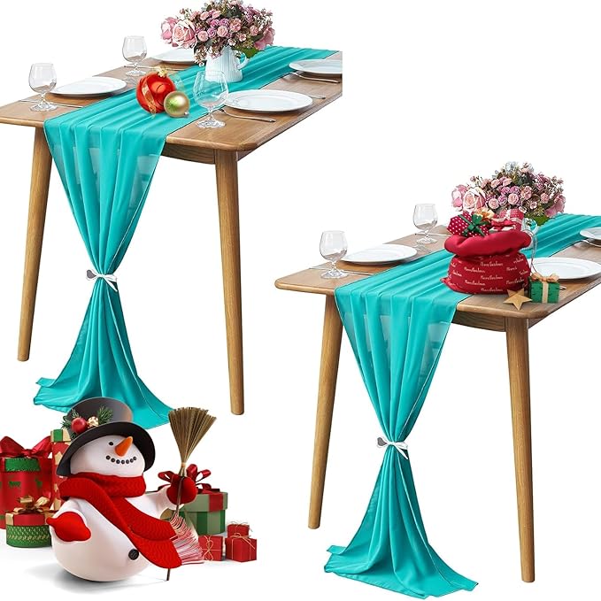 2 Pack 10Ft Turquoise Chiffon Table Runner Sheer 29x120 Inch for Romantic Wedding Decor Bridal & Baby Shower Birthday Rustic Party Decoration