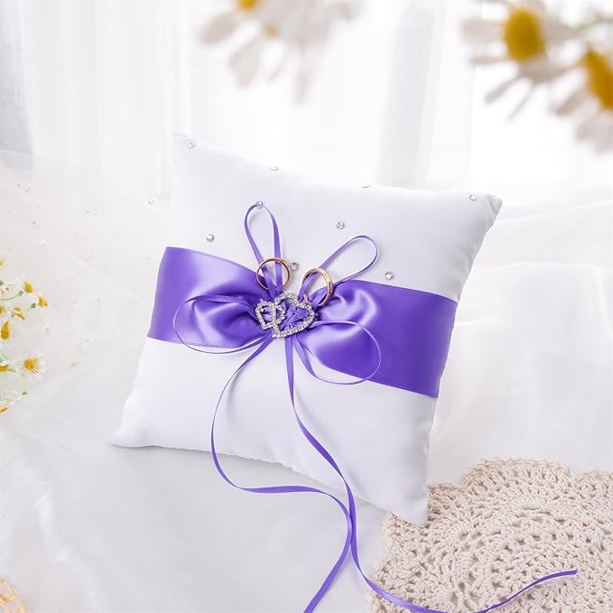 QIRMIZI Wedding Ring Pillow and Flower Girl Basket Set – Adorned with Pearl Rhinestones, White Satin,Purple