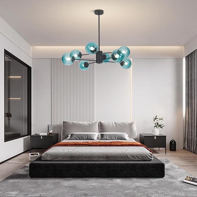 KCO Lighting Modern 8-Lights Blue Glass Sputnik Chandelier Mid-Century Matte Black Globe Flush Mount Chandelier Industrial Large Glass Ball Sputnik Chandelier Pendant Lamp (Black+Blue)