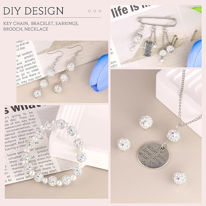 200pcs 10mm Crystal AB Rhinestone Beads for Jewelry Making, Shiny Round Shamballa Disco Ball Beads Bulk, Sparkle Crystal Clay Christmas for Bracelet Baseball Necklace Earring Crafting and DIY