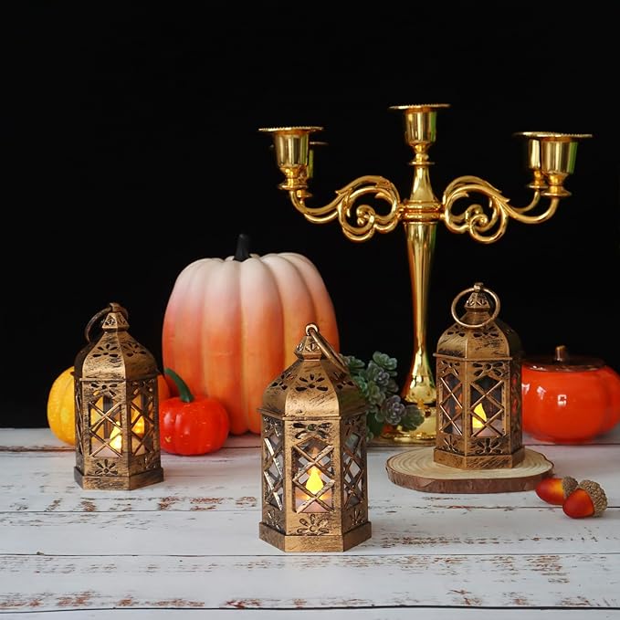 LLQ 12Pcs Mini Lantern for Centerpieces, Small Candle Lanterns Decorative Indoor, Vintage Hanging Moroccan Lantern for Halloween Decorations, Christmas Centerpieces for Tables, Wedding Table Decor
