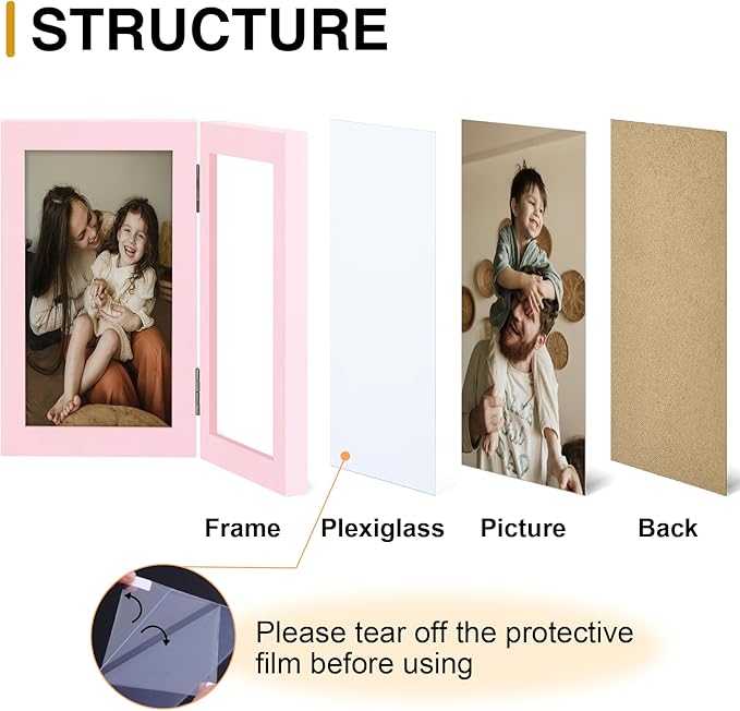 decorUhome Double 5x7 Picture Frame Vertical, Engineered Wood Bifold Photo Frame with Plexiglass for Tabletop Display, 5x7, Pink