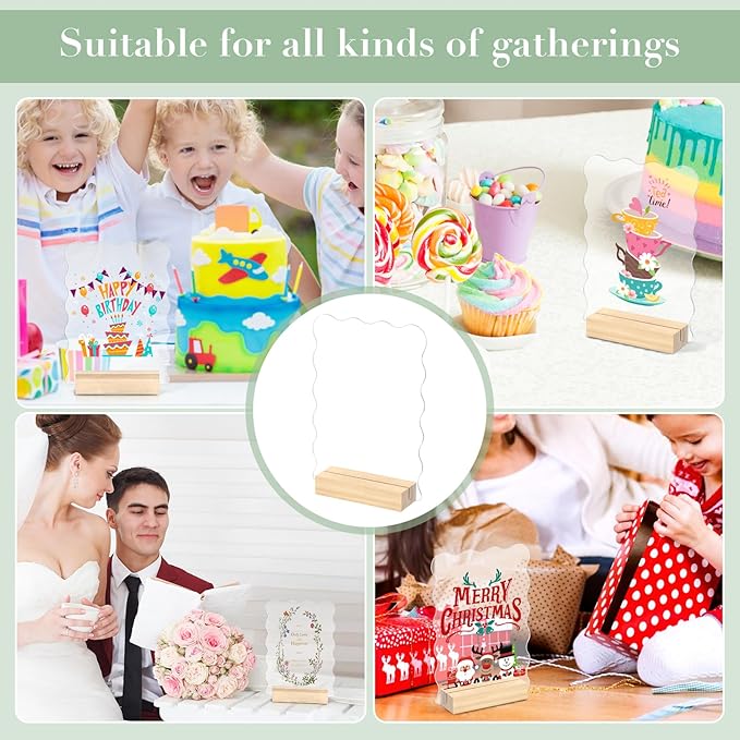 10 Pack 5x7 Inch Scalloped Acrylic Sign Blank Acrylic Sheets with Wood Base Clear Table Numbers for DIY Name Card Gifts Wedding Table Sign Event Party Decoration