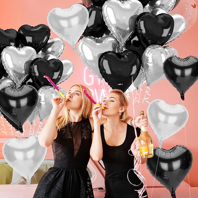 12 Pcs Heart Balloons, 18 inch Black Silver Heart Shaped Balloon, Big Helium Foil Black Silver Balloons for Wedding Baby Shower Anniversary Backdrop Valentine Party Decoration