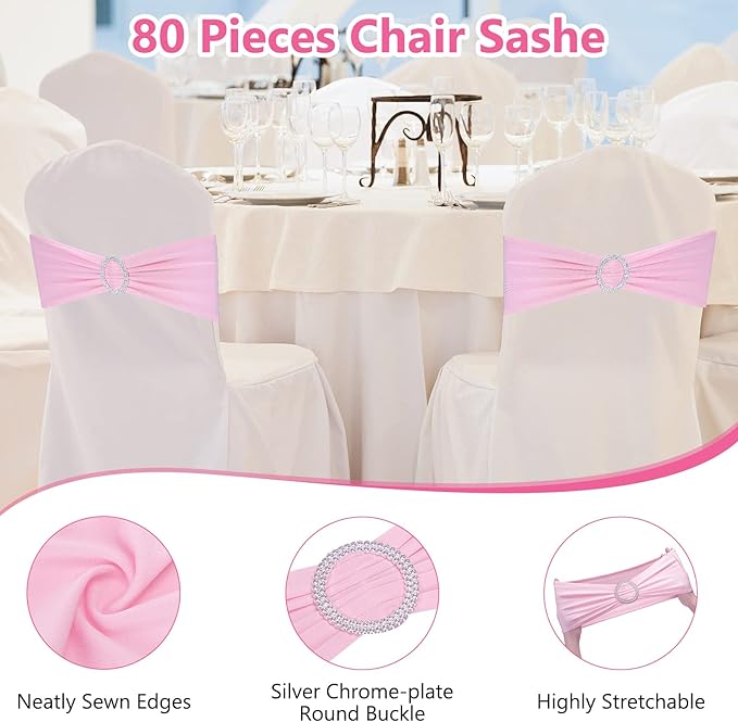 CHENGU 150 Pieces Spandex Stretch Chair Sashes Bows Elastic Chair Cover Bands Ties with Buckle Slider for Wedding Party Reception Events Universal Ceremony Banquet Decorations (Pink)