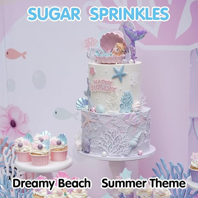 Sugarzy Edible Pearls Sprinkles Cake Decorating,130g/4.58oz,Purple Pink Pearl Sugar Sprinkle Mix Seashell,Baking Ocean Beach Candy Decorations,Perfect for Cookies,Donuts,Cupcake Topper,Birthday Holiday Party Supplies