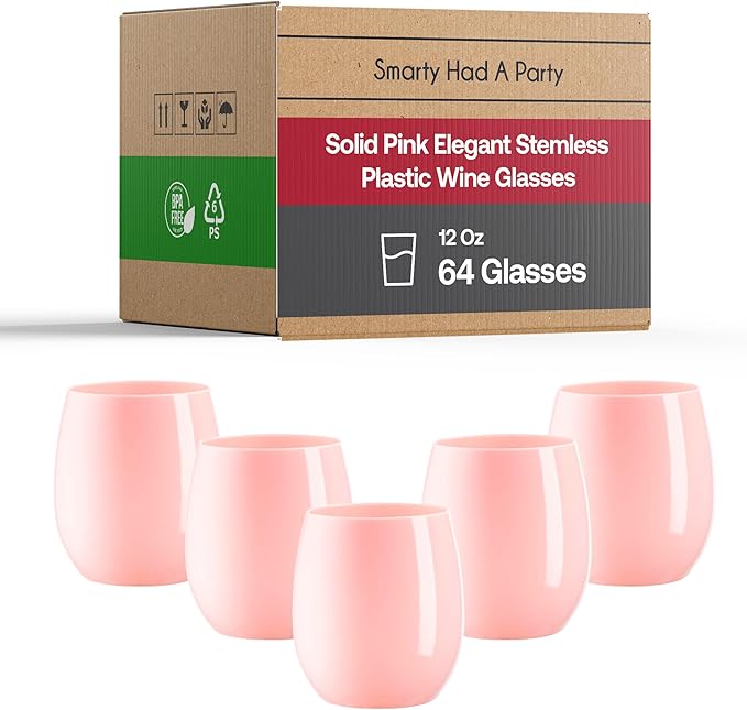 Smarty Had A Party 12 oz Wine Glasses – 64 Pink Stemless Plastic Wine Glasses, Unbreakable Disposable Drinkware for Weddings & Events