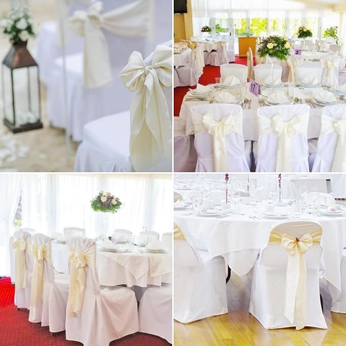 100 PCS Satin Chair Sashes Decorative Bow Chair Sashes Ties Chairs Ribbon Bows Seat Cover Band for Wedding Birthday Party Ceremony Reception Hotel Banquet Events Home Kitchen Decor(7x108Inch,Ivory)
