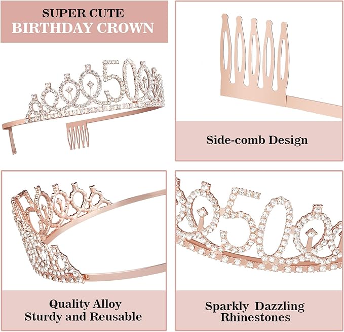 50th Birthday Decorations for Women, Including 50th Birthday Sash and Crown, Cake Topper and Candles, 50 Year Old Gifts for Women