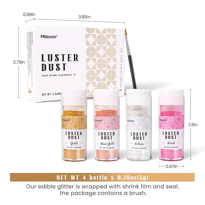 Edible Glitter, 4 Colors Luster Dust Edible, 5g/bottle Edible Glitter for Cocktails, Drinks, Cake Decoration, Cupcakes, Chocolate, Strawberries, and Waffles(Gold, Rose Gold, White, Pink)