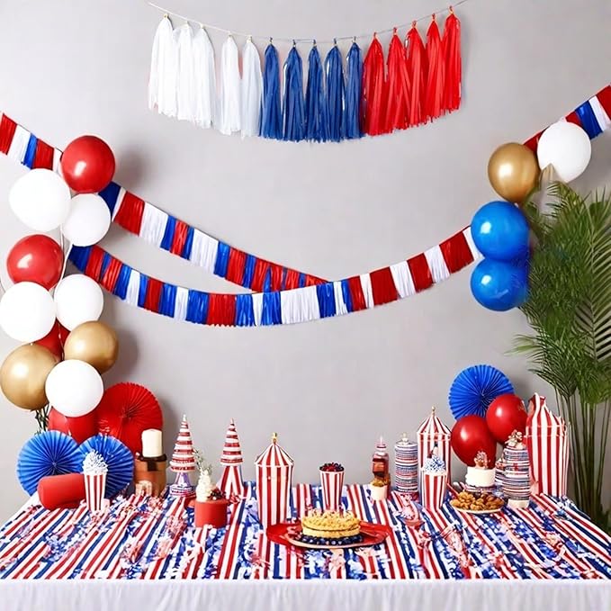 Aimto 15pcs Red Blue White Tassel Garland Banner Tissue Paper Tassels for 4th/Fourth of July Patriotic Decorations