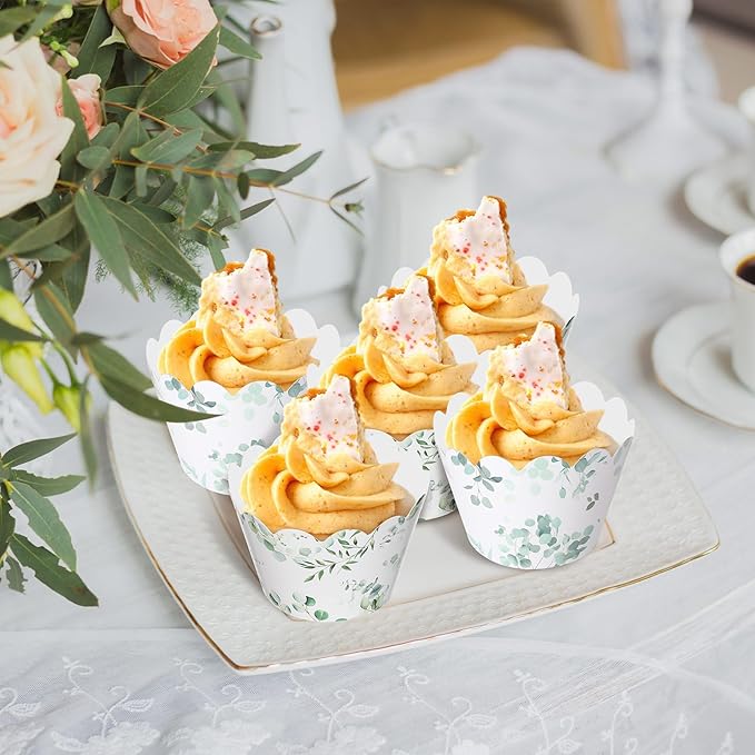 Domensi 100 Pcs Eucalyptus Cupcake Wrappers Rustic Cupcake Liners Green Tulip Baking Cups Baking Liners for Wedding Bridal Baby Shower Birthday Party Supplies Dessert Decoration