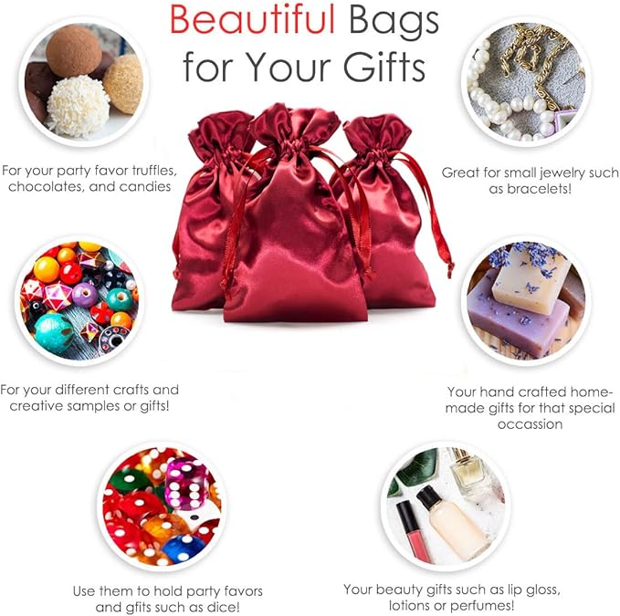 Knitial 5" x 8" Burgundy Satin Gift Bags, Jewelry, Wedding Favor Drawstring Bags Baby Shower Christmas 50 Count