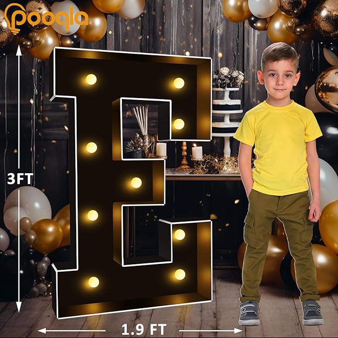 Pooqla 3 FT Marquee Light Up Letters, Black Marquee Letter Lights 3 Feet Tall, Giant LED Sign Big Mosaic Letters for Balloons Birthday Party Anniversary Wedding Decorations, Warm White E