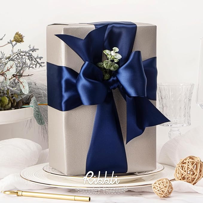 Ribbli Navy Double Faced Satin Ribbon, 3” x Continuous 10 Yards,Use for Bows Bouquet,Gift Wrapping,Floral Arrangement,Wedding Decoration