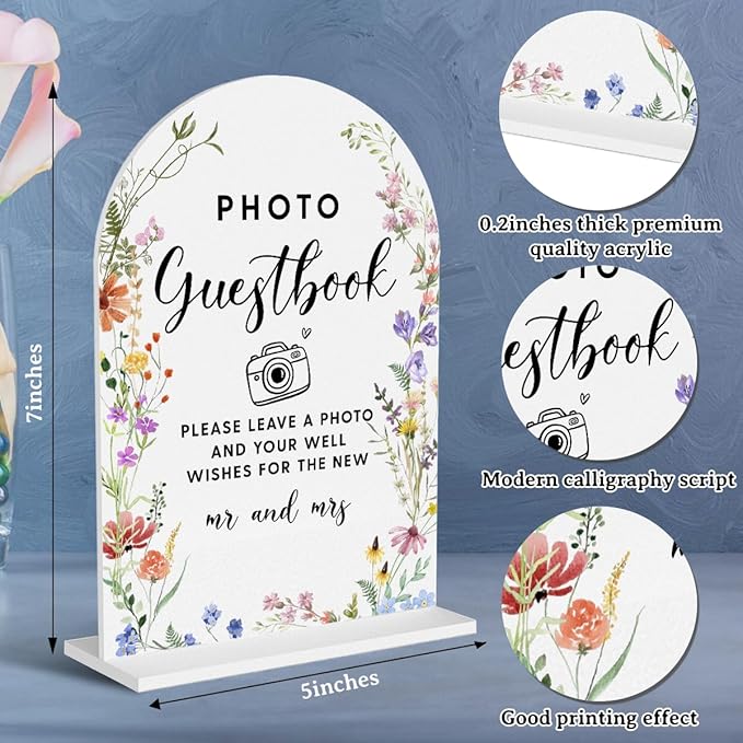 Acrylic Wedding Signs, Photo Guestbook Signs for Marriage Reception, Bridal Shower Decorations, Modern Arched Round Top Acrylic Table Top Sign with Holder for Wedding Party Dinner (White Wildflowers)