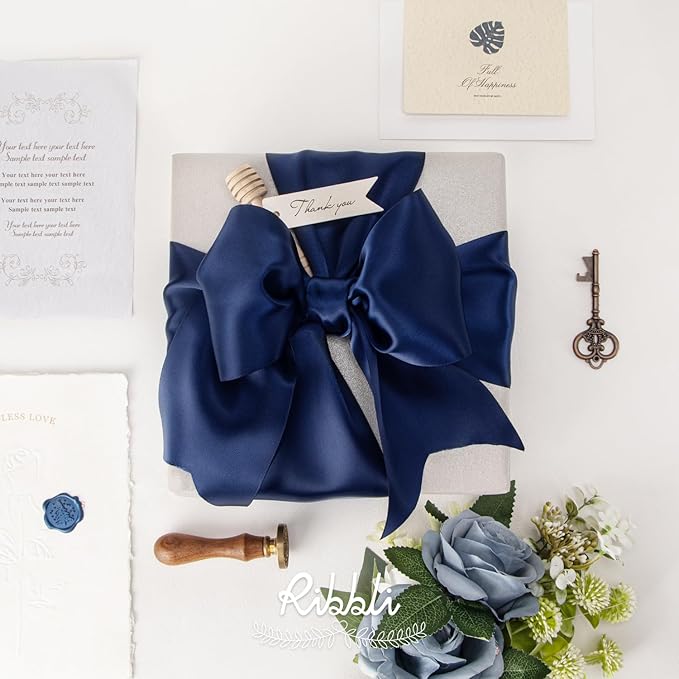 Ribbli Navy Satin Ribbon 4 Inch Wide Navy Ribbon for Wedding Chair Sash Grand Opening Ceremony Big Bows Gift Wrapping Floral Crafts Cake Decor-Double Faced Satin Continuous 10 Yards