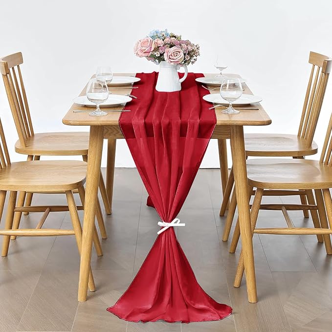 5 Pack 10Ft Red Chiffon Table Runner Sheer 29x120 Inch for Romantic Wedding Decor Bridal & Baby Shower Birthday Rustic Party Decoration