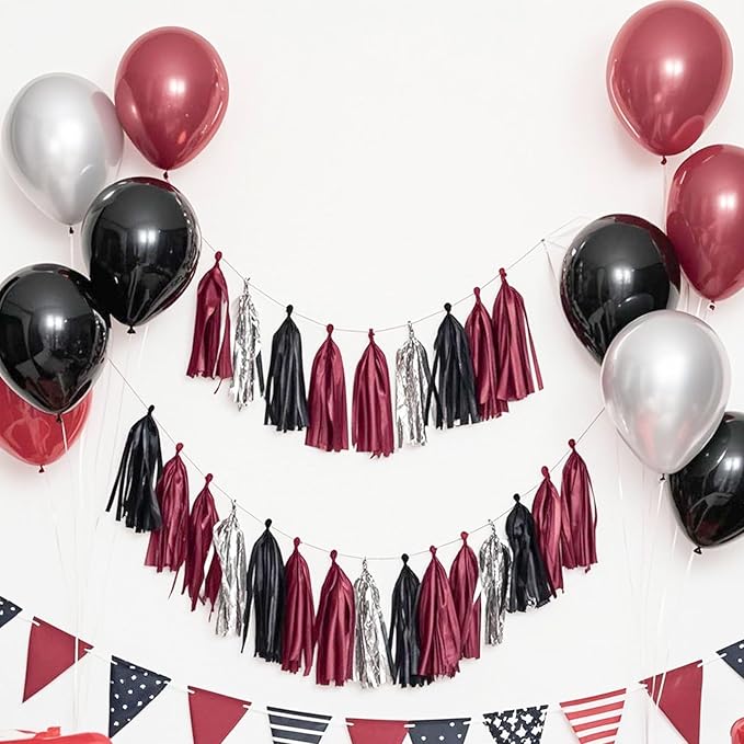 Tassel Garland Tissue Paper Tassel Banner,Tassels Party Decorations for Wedding,Birthday,Bridal/Baby Shower,Pack of 15 (Burgundy/Black/Silver)