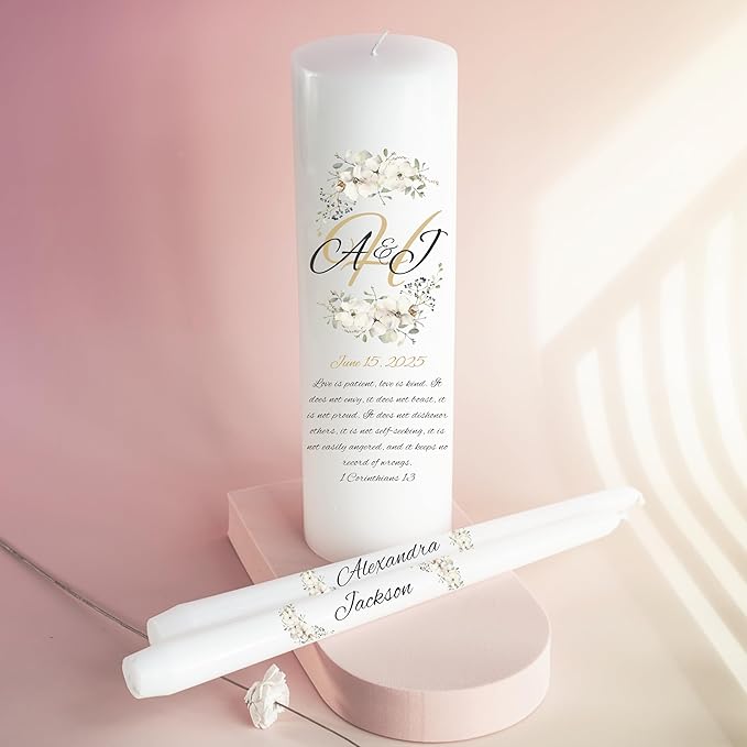 Unity Candles for Wedding, Modern Unity Set, Custom and Personalized Pillar and Taper Candles with Bible Quote, Unscented White Premium Wax, Religious and Wedding Ceremony, Special Events (Camellia)