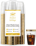 Perfect Settings Premium Double Gold Rimmed Disposable Plastic Cups, Durable Clear Plastic Drinking Glasses for Cold Beverages & Cocktails, BPA-FREE, Disposable Wedding Cups, 14 oz. (Pack of 100)