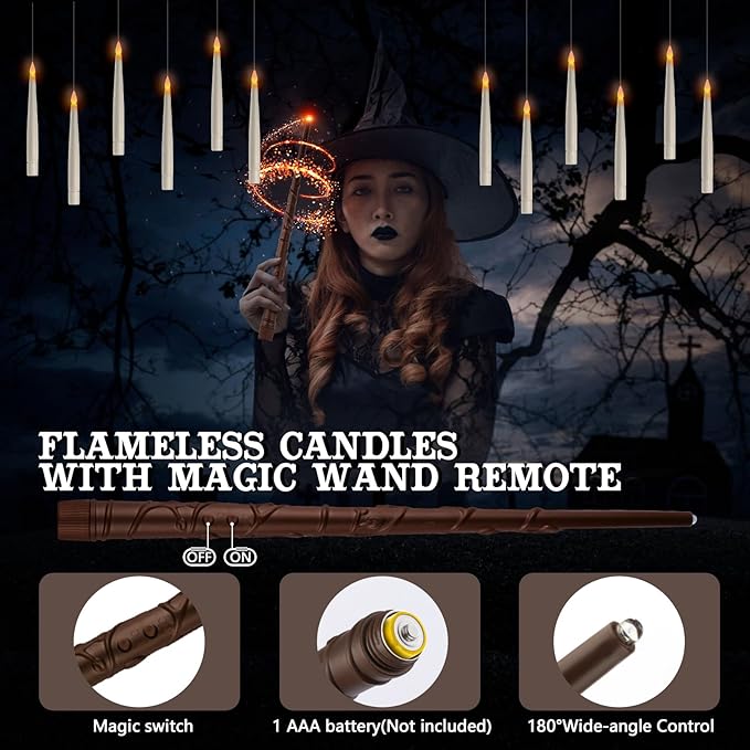 Floating Candles with Wand Remote, 20 Pcs Magic Halloween Hanging Candles, Flickering Warmer Light Flameless LED Candles with DIY Sticker, Battery Operated Halloween Decorations Gifts Indoor (18)