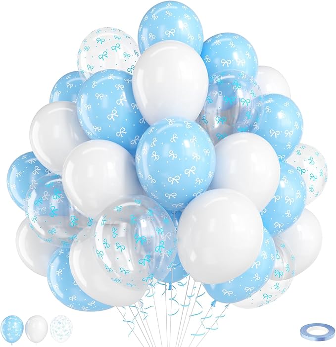 Blue Bow Balloons,12 Inch Pastel Light Blue Clear White Latex Balloon for Girls Women Birthday Bachelorette Bridal Wedding Anniversary Bow Theme Party Supplies