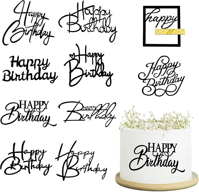 10 PCS Black Birthday Cake Topper Mirror Acrylic Happy Birthday Cake Toppers Double-Sided Dessert Decorations for Girls Women's Party Supplies
