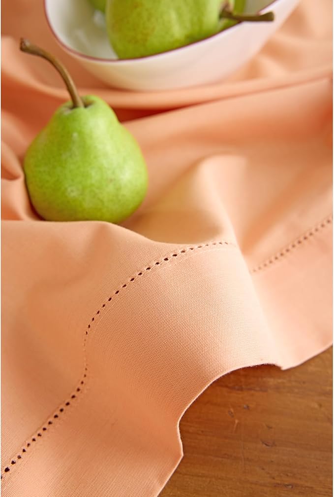 Solino Home Cotton Linen Table Runner 90 Inches Long - Hemstitch Peach Bloom Dining Table Runner 14 x 90 Inch