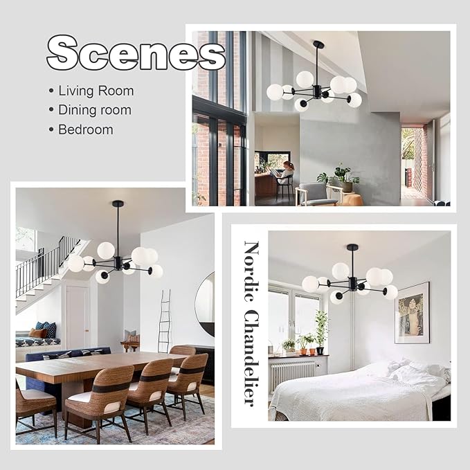 KCO Lighting Black Sputnik Chandelier Ceiling Mount 8-Light Glass Globe Sputnik Chandelier Mid Century Modern Chandelier Light Fixture Kitchen Island Sputnik (Black+White)