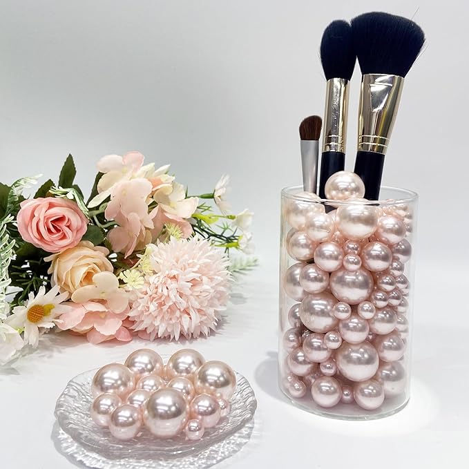 150Pcs Cream&Rose Gold Polished No Hole Faux Pearl Beads for Vase Filling Decorations, Plastic Pearls Vase Fillers, Table Scatters, Wedding Centerpiece, Home Decor, 8/14/20 mm