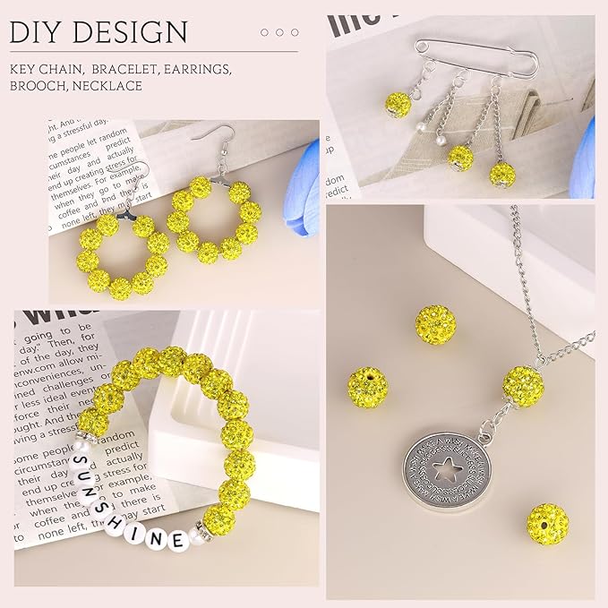 200pcs 10mm Citrine Rhinestone Beads for Jewelry Making, Shiny Round Shamballa Disco Ball Beads Bulk, Sparkle Crystal Clay Christmas for Bracelet Baseball Necklace Earring Crafting and DIY