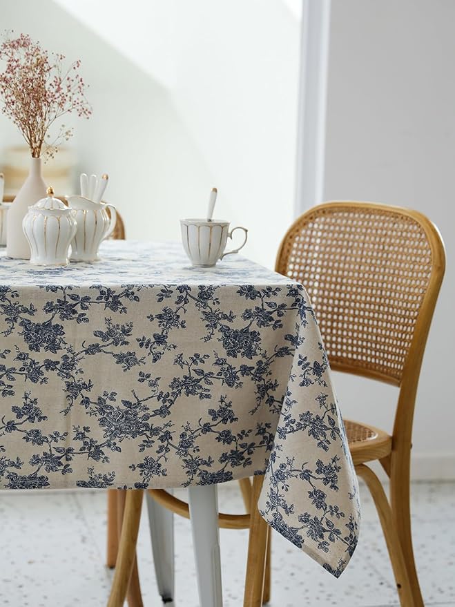 Pastoral Rectangle Tablecloth - 60 x 120 Inch - Beige Table Cloth - Washable Table Cover with Dust-Proof Wrinkle Resistant for Restaurant, Picnic, Indoor and Outdoor Dining, Floral (Dark Blue)