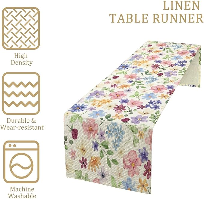 Floral Decorative Table Runner, Watercolor Floral Botanical Rustic Modern Style Pattern Printed Long Table Runner for Restaurant Kitchen Party,13in（33cm） W * 120in（305cm） L