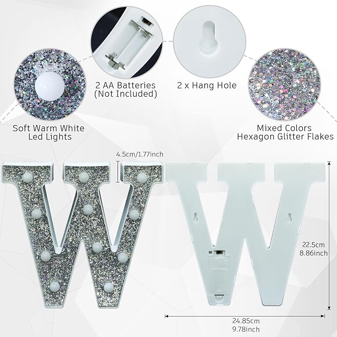 Light Up Letters - Marquee Decor, Glitter Alphabet & Number Signs for Prom, Events or Engagement Parties - Letter W