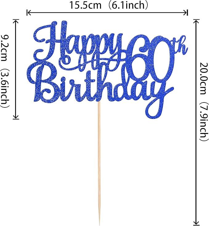 1 PCS Happy 60th Birthday Cake Topper Glitter Cheers to 60 Years Birthday Cake Pick 60 Fabulous Cake Decoration for Happy 60th Birthday Anniversary Party Decorations Supplies Blue