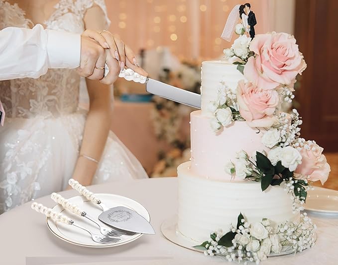 Wedding Cake Knife and Server Set,Ceramic Pearl Handle Cake Cutting Set for Weddings, Engagements, Anniversaries, and Engagement Gifts for Couples